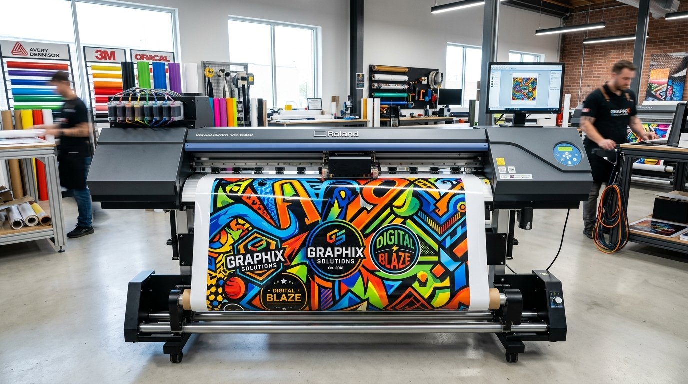 Impresora de vinilo de gran formato en funcionamiento continuo en el taller de Yoka Rótulos en San Sebastián